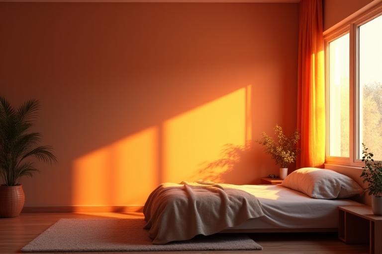Diagramă vizuală a unui ciclu de 24 de ore de iluminare circadiană într-o cameră, trecând de la lumină caldă de dimineață la lumină albastră intensă la prânz și nuanțe roșii blânde seara, cu un ceas animat.