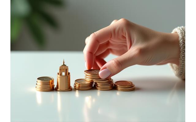 O mână așezând o monedă pe un teanc de monede lângă un model arhitectural minimalist, reprezentând investiția și responsabilitatea financiară în Zenit Urban.