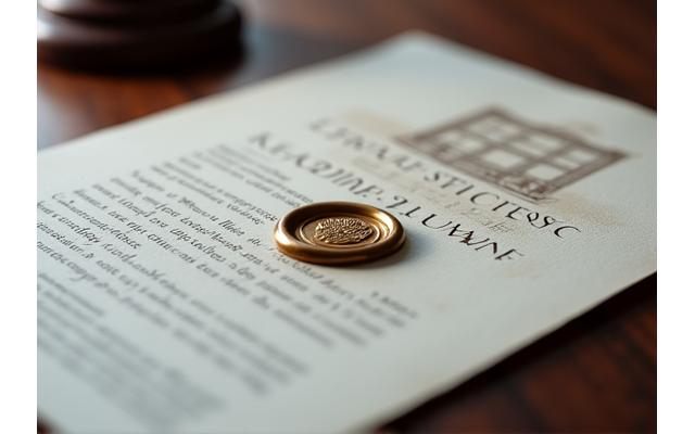 Un sigiliu elegant pe un document notarial, simbolizând protecția legilor privind proprietatea intelectuală, cu un stil modern și biomimetic Zenit Urban.