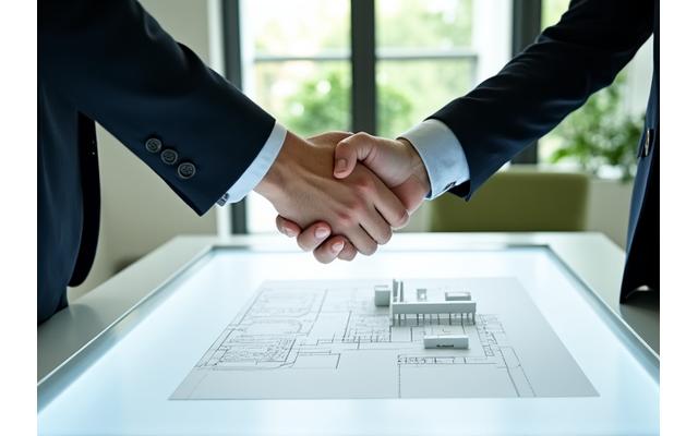 Două mâini, una a unui arhitect și una a unui client, strângându-se deasupra unei schițe arhitecturale, simbolizând angajamentul și înțelegerea reciprocă în Zenit Urban.